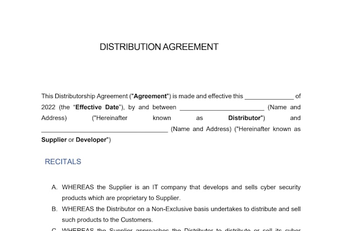 draft customized distributor, reseller and supply agreement for your business